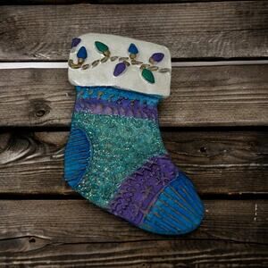 Vintage Handcrafted Christmas Stocking Brooch Pin Purple Teal Holiday Glitter